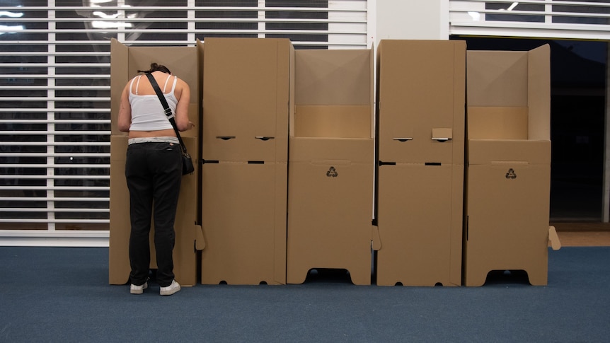A woman voting at night at a cardboard polling booth