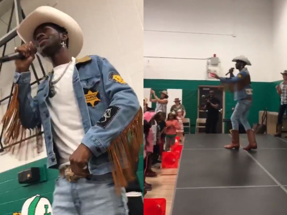 A composite image showing a man wearing a cowboy hat and denim suit close up, and performing to children from a distance.