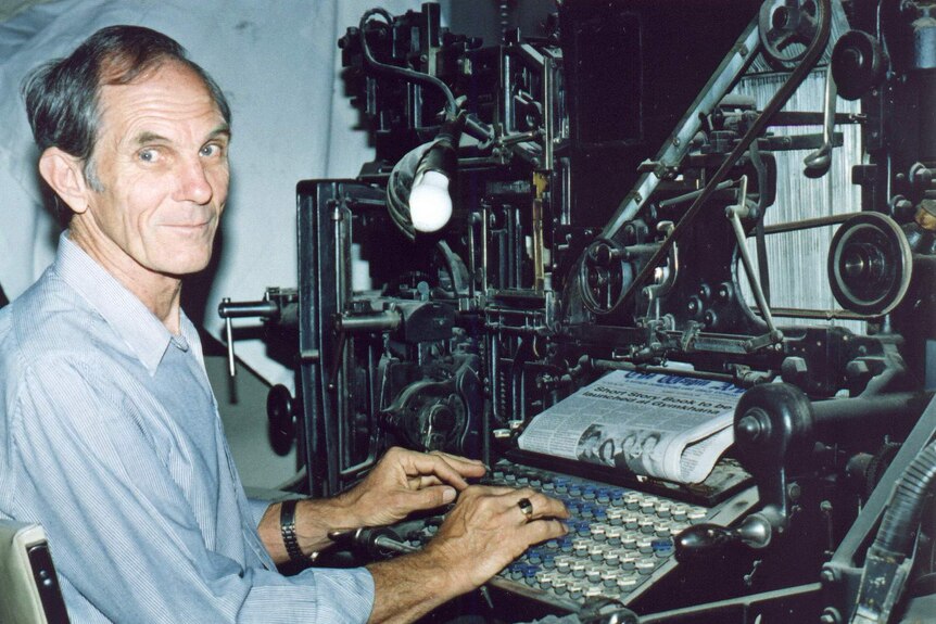 Don Davies worked "every job" at the Wagin Argus from 1956 until 1999. Pictured here with the old linotype machine.