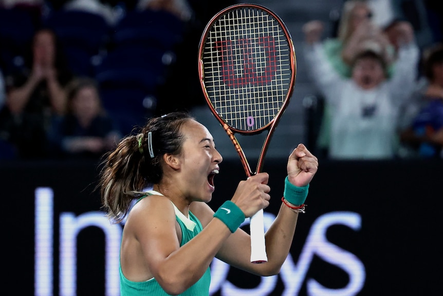 Qinwen Zheng shouts after winning her Australian Open semifinal.
