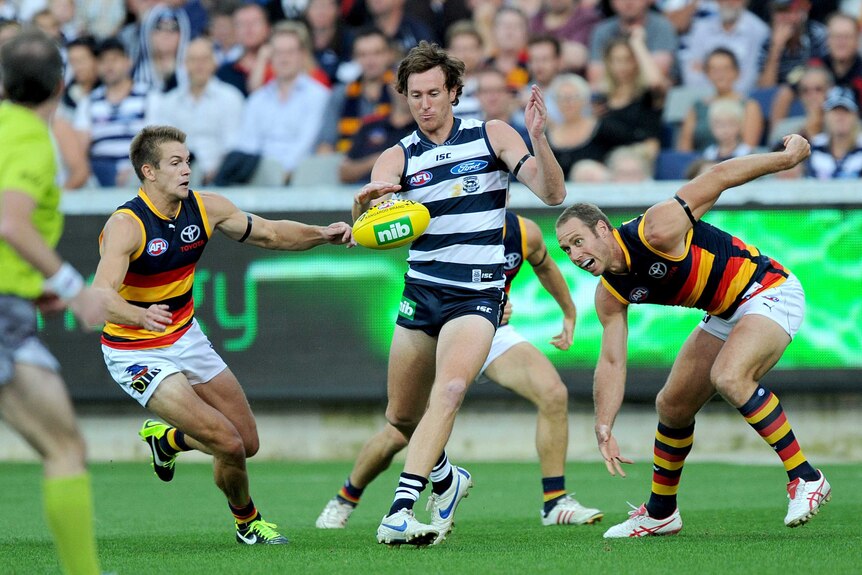 Geelong's Mitch Brown kicks a goal against Adelaide at Kardinia Park