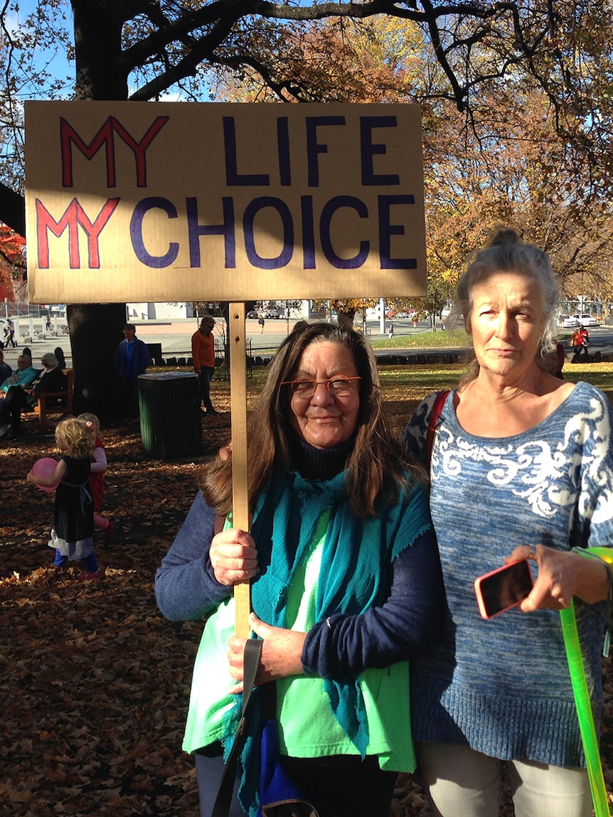 Two female euthanasia supporters at a rally in Hobart.