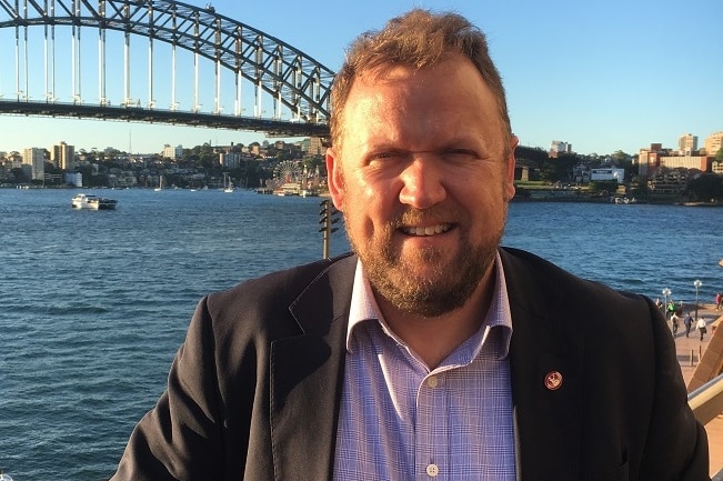 Angus Barnes, executive officer, NSW Wine Industry Association in Sydney with the Harbour Bridge in the background.