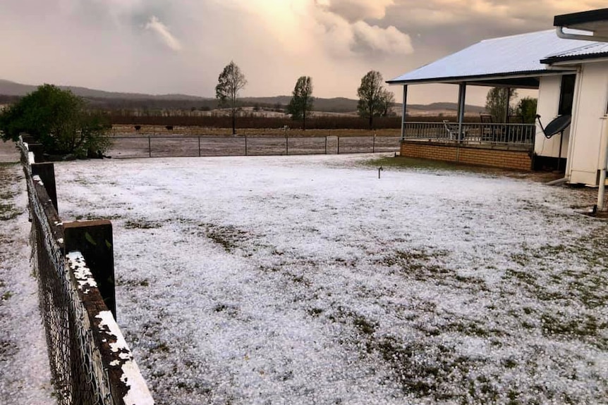 A country property covered in hail