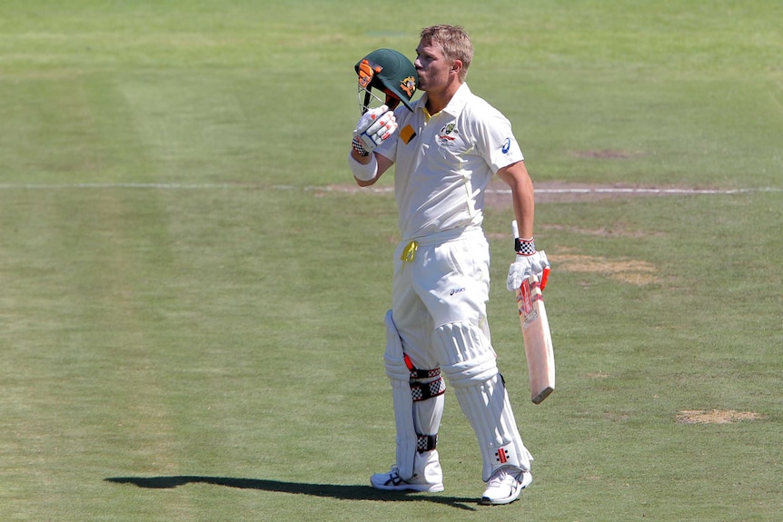 Warner celebrates his ton against South Africa