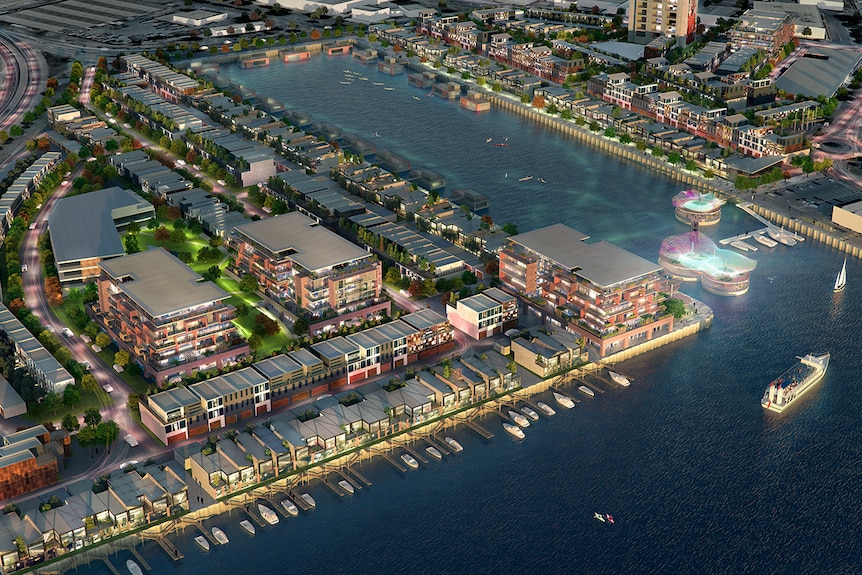 A digital rendering of townhouses and apartments around an old dock
