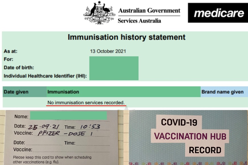 Immunisation history document shows no vaccination and a Pfizer vaccination card