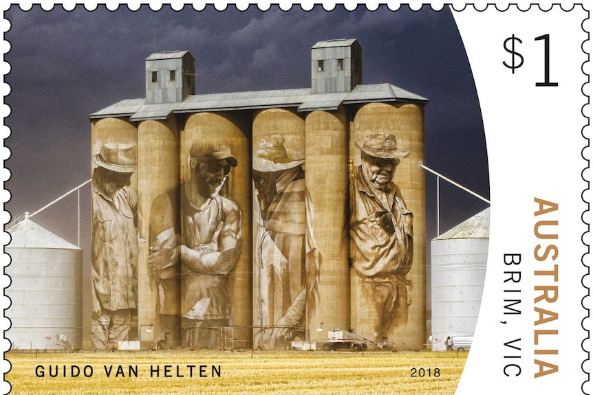 Postage stamp silo art in Brim