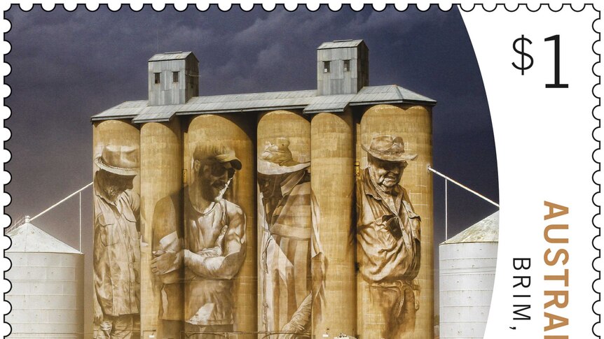 Postage stamp silo art in Brim