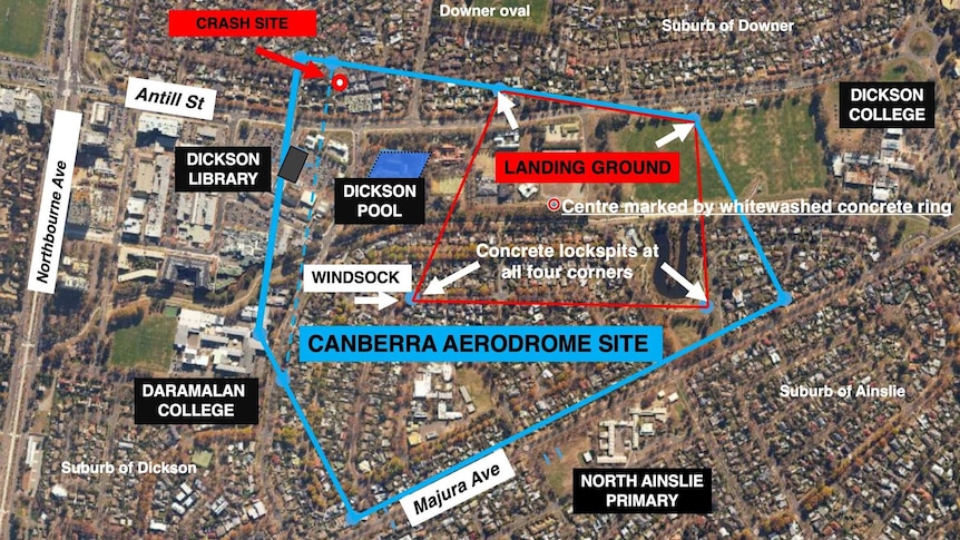 Aerial map of Dickson with the suspected location of Canberra's aerodrome outlined.