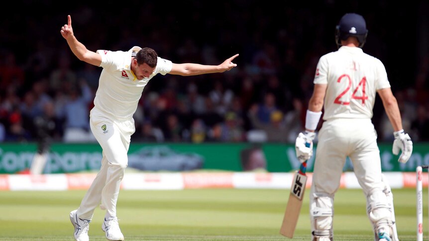 Josh Hazlewood spreads his arms and lowers his head in celebration after dismissing Joe Denly at Lord's