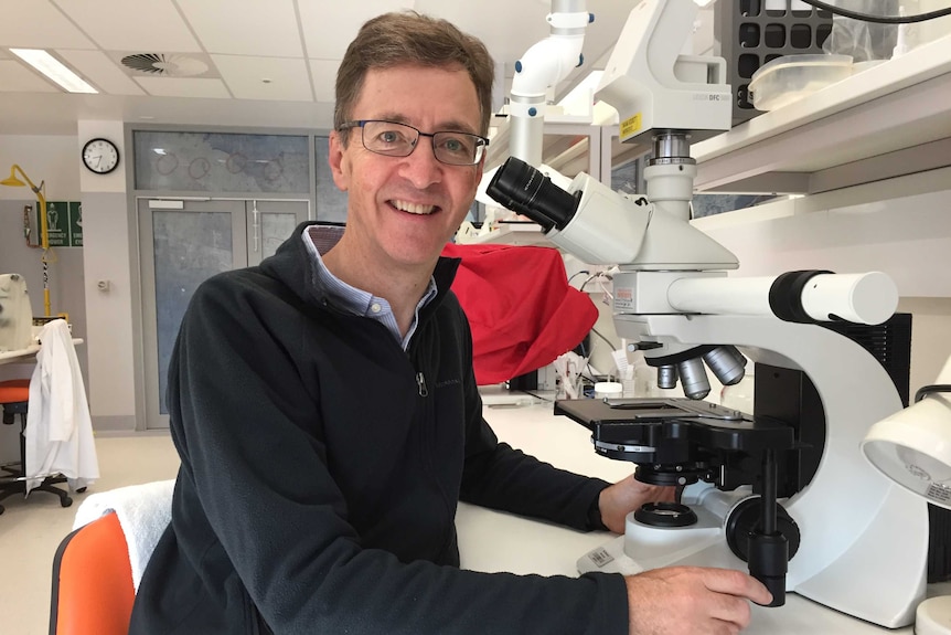 A man wearing glasses sits at a microscope in a lab.