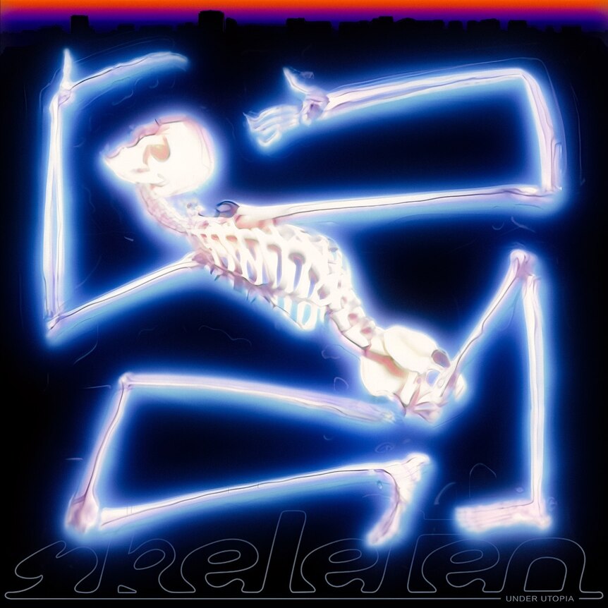 a skeleton with long limbs that glow neon