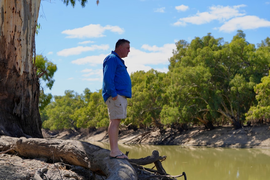 A white man with a blue shirt and beige shorts standing on a tree root looking at the Darling River. 