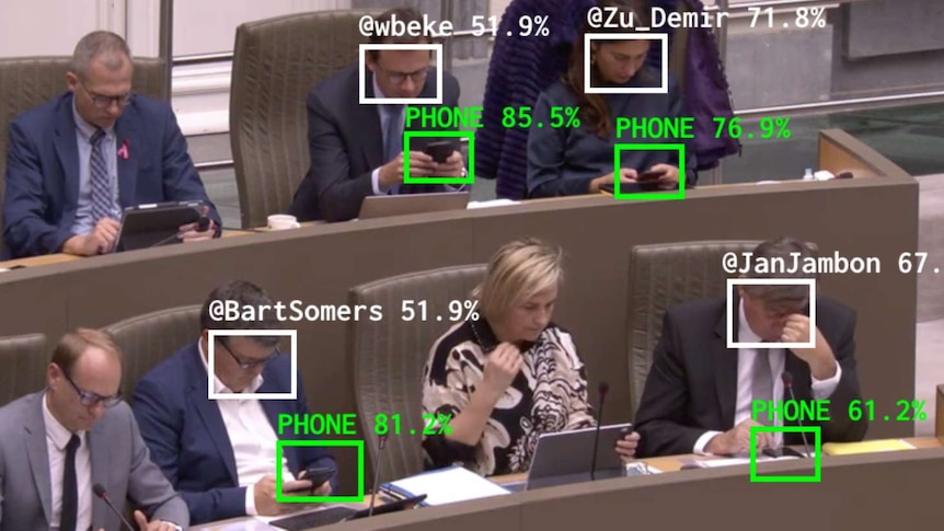 Parliamentarians on their phones with an overlay of their twitter handle names