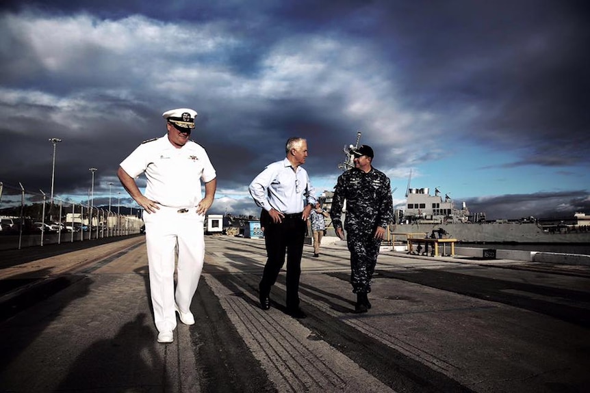 Malcolm Turnbull with US naval commanders at Pearl Harbour