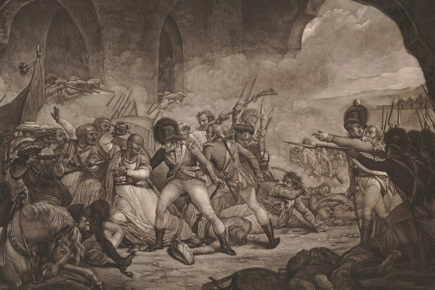 A violent and chaotic hand to hand fight between Indian and British soldiers. Tipu Sultan raises a sword.