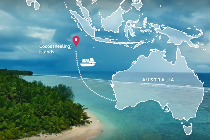 Graphic of map with line connecting the Cocos Keeling Islands to Western Australia. 