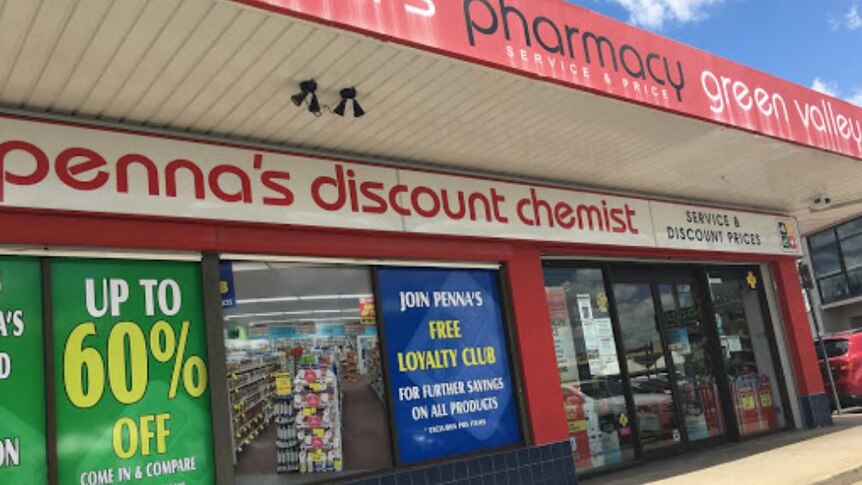 The exterior of Penna's discount chemist shop.