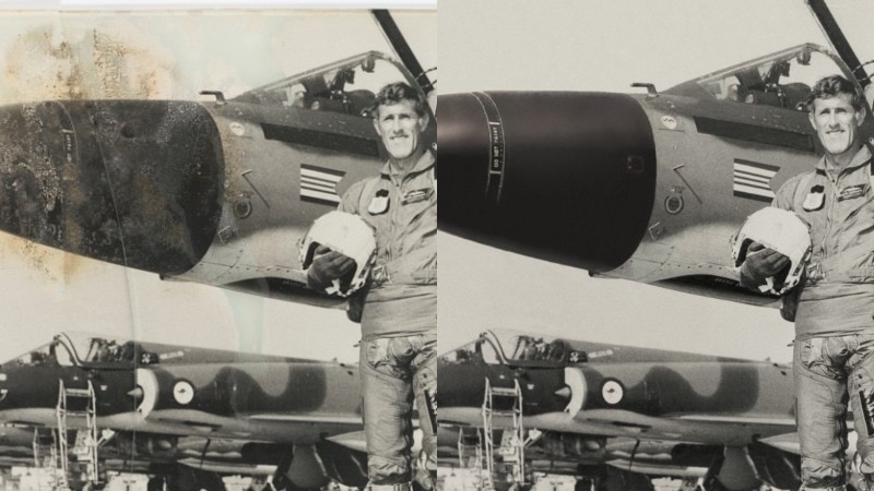 Composite image showing photo damage on original, and restoration work to Black and White military photo.