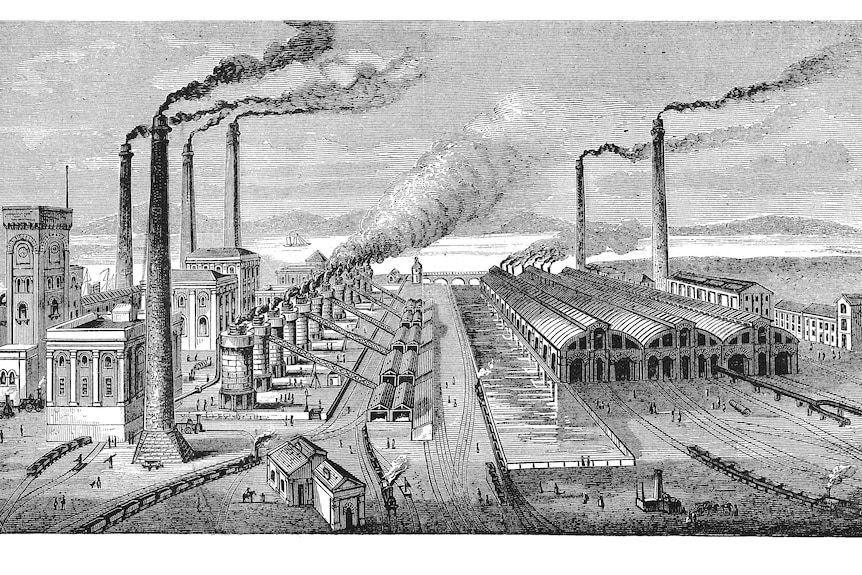 An illustration of a factory with dark smoke billowing from tall smokestacks