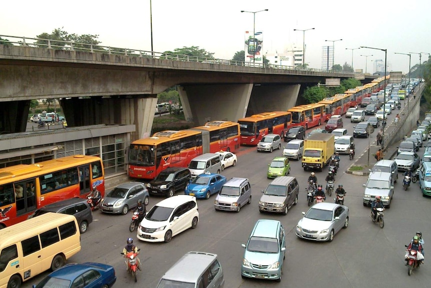 From a high angle, you see a double-decked motorway clogged in car traffic while orange buses are lined up behind each other.