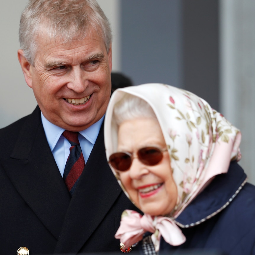 The Queen, in a silk scarf and sunglasses, laughs with Prince Andrew 