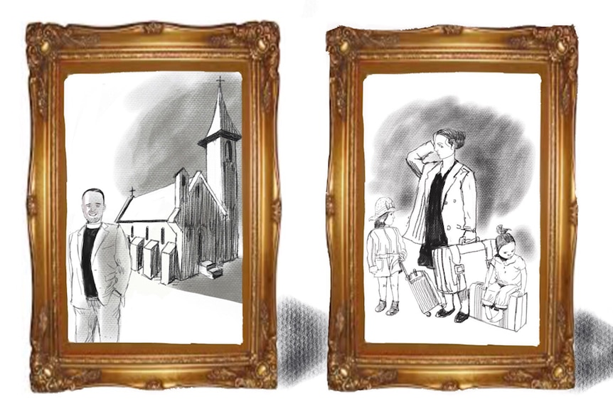 An illustration shows two framed photographs, one of a priest in front of a church, the other a woman with her two children.