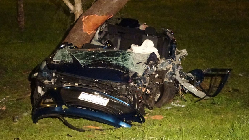 The wreck of a blue car lies crumpled next to a tree after a high speed crash.