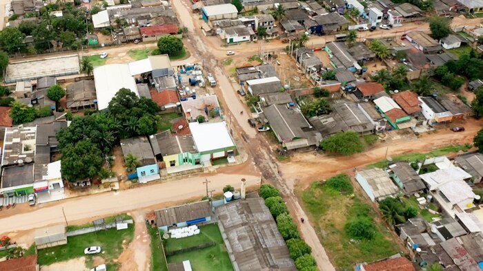 Drone shot of logging town Novo Progresso in Brazil.