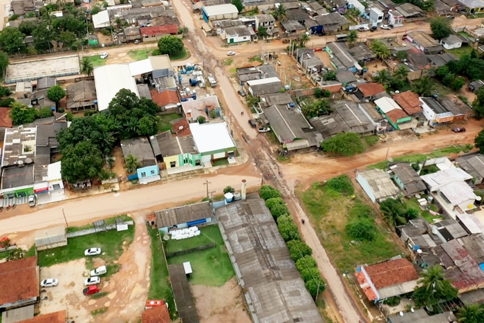 Drone shot of logging town Novo Progresso in Brazil.