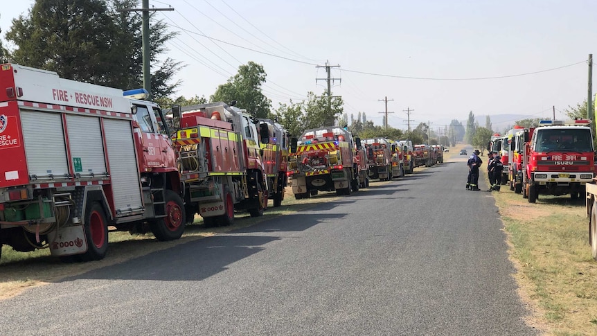 Red fire trucks lines a country road.