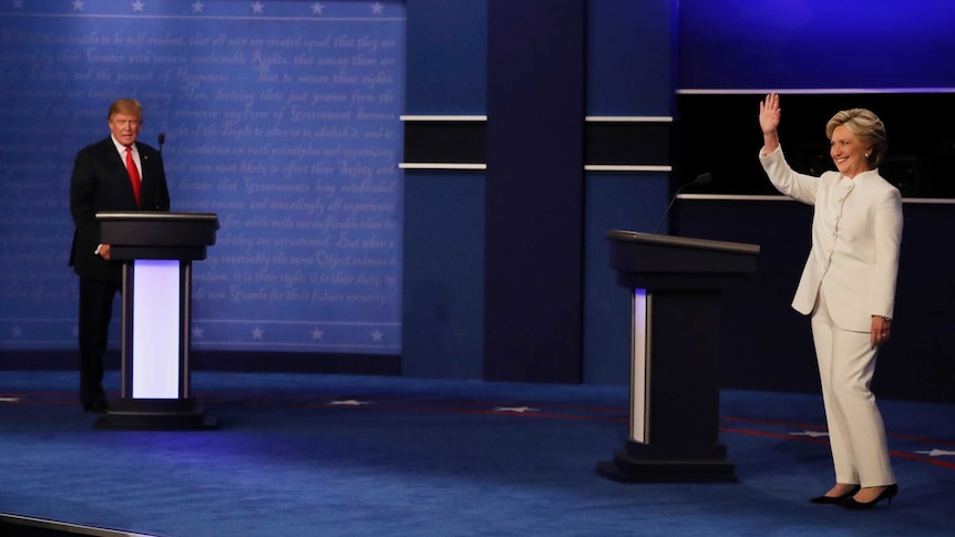 Donald Trump and Hillary Clinton on stage for the third US presidential debate