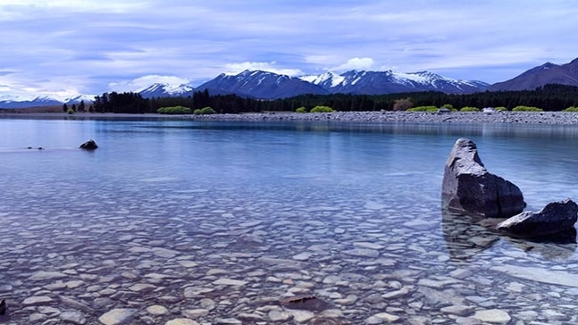 Lake Tekapo, in New Zealand, where two students died after they were thrown from their kayaks icy water.