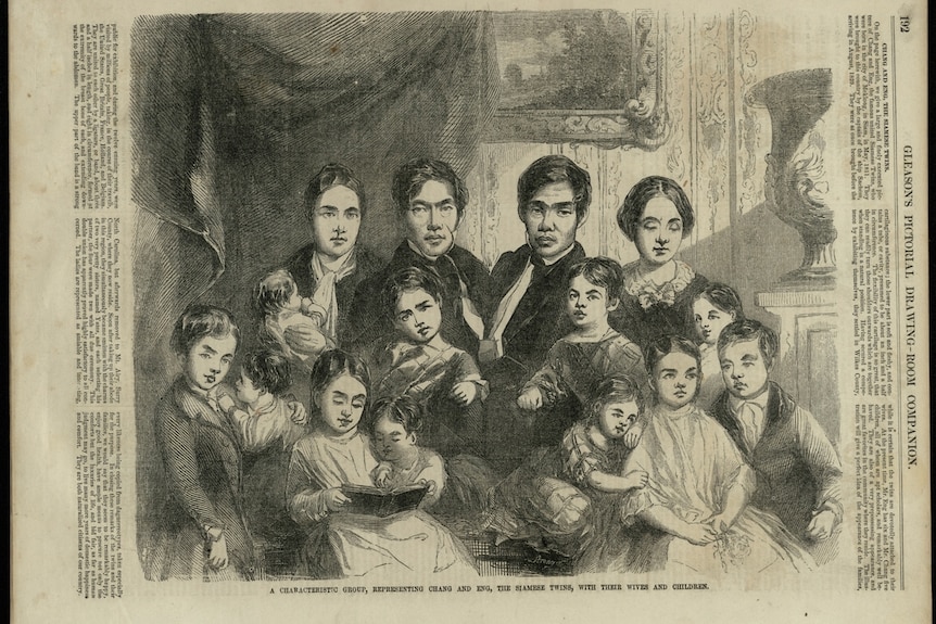 A drawing printed in newspaper of to men sitting with their wives and several children 