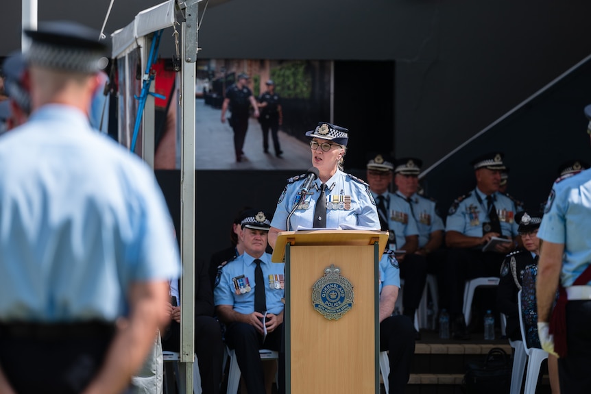 Queensland Police Commissioner Katarina Carroll speaking at a lectern. 