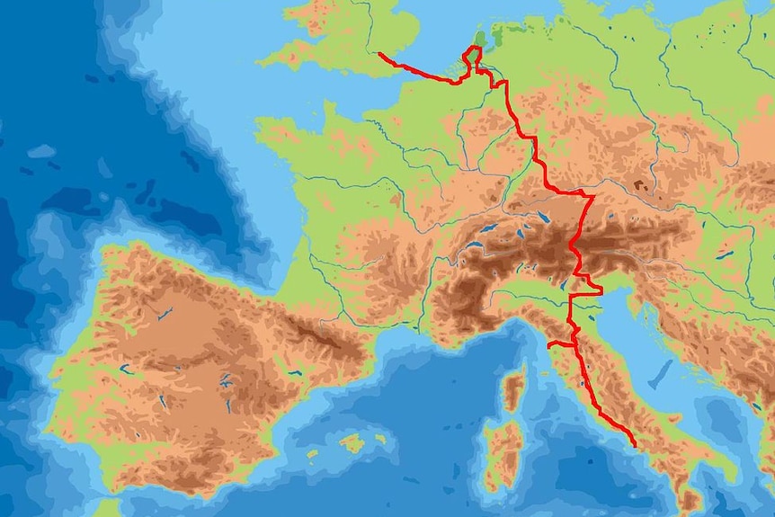 A map of Europe with a red line drawn from London to Belgium, through Holland, Germany, Austria and into Italy.