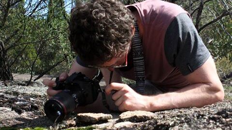 James Dorey crouches on rocks to photograph bees.