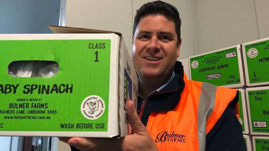 Farmer Andrew Bulmer with a box of spinach from his farm in Gippsland.