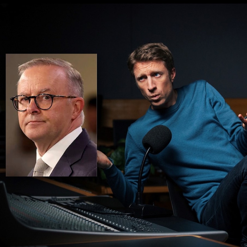 An image of Sammy J speaking into a microphone, with an added image of Anthony Albanese's face on the left