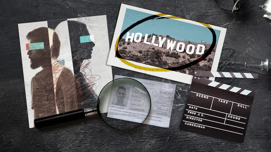 A graphic displays a sillouette of a man and a woman, a Hollywood sign and a passport photo and clapper board.