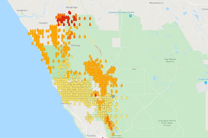 Fires dot the areas around Two Rocks.