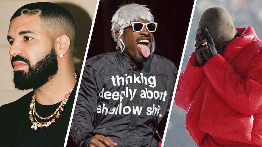 A collage of Drake, Andre 3000 and Kanye West