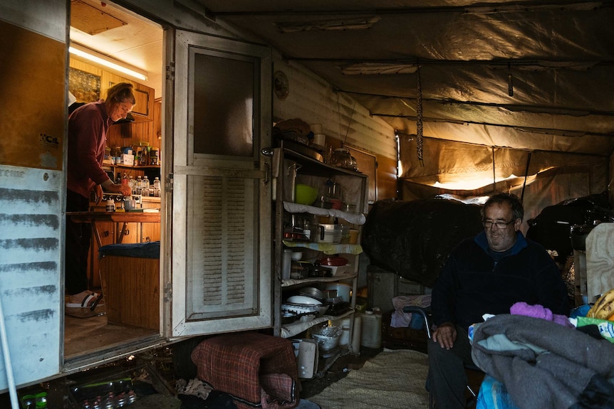 Ronnie and Trevor Eagles lost their home in the Cobargo bushfire. They now live in a caravan on the property.