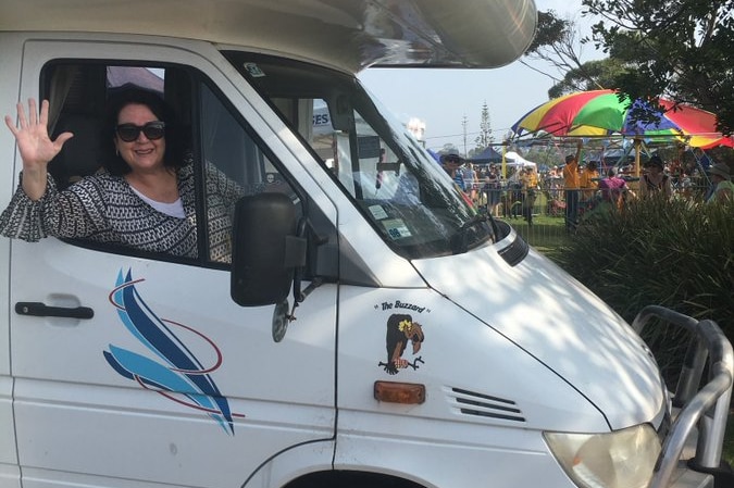 Wendy Harmer driving her caravan in 2020.