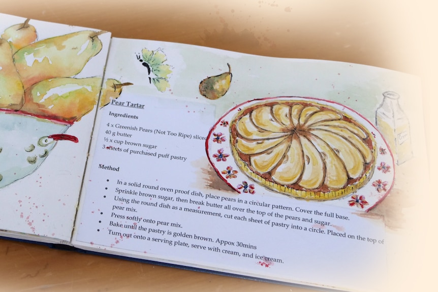 A spread of an illustrated cookbook with the recipe for Pear Tarte.