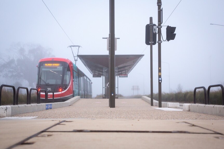 A red light rail vehicle disappears into the fog.