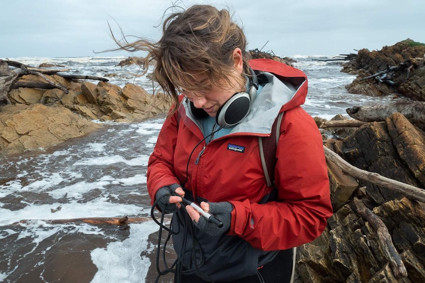 Rachel Meyers checking her underwater microphone