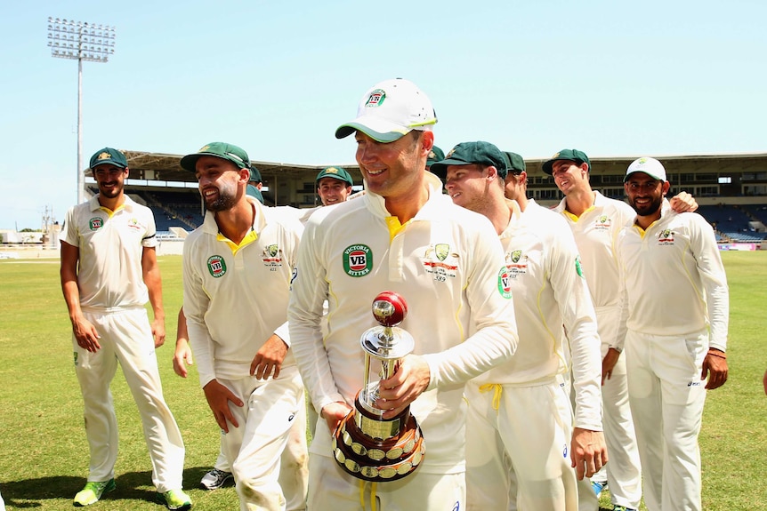Michael Clarke holds the Frank Worrell Trophy