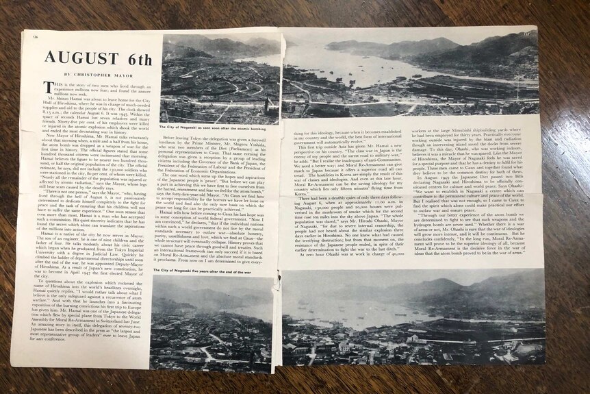 A picture of an article about the Nagasaki and Hiroshima mayors written in 1950.